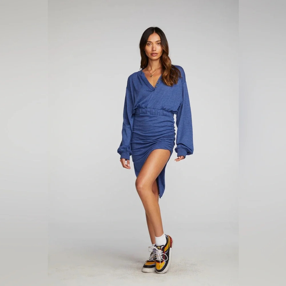 Chaser Blue Ruched Henley Midi Dress NWT Long Sleeve Stretch Size S
